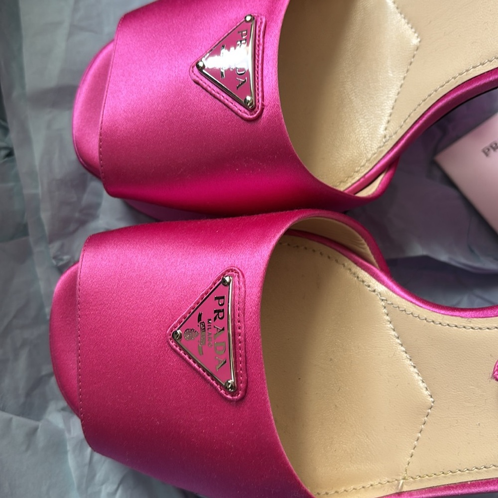Prada Pink Platform Heels Logo Satin Sandals Open Toe 39.5 - Picture 5 of 6